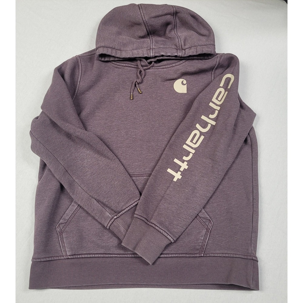 Carhartt Womens Clarksburg Hoodie Size L Purple Sleeve Logo Fleece Pullover